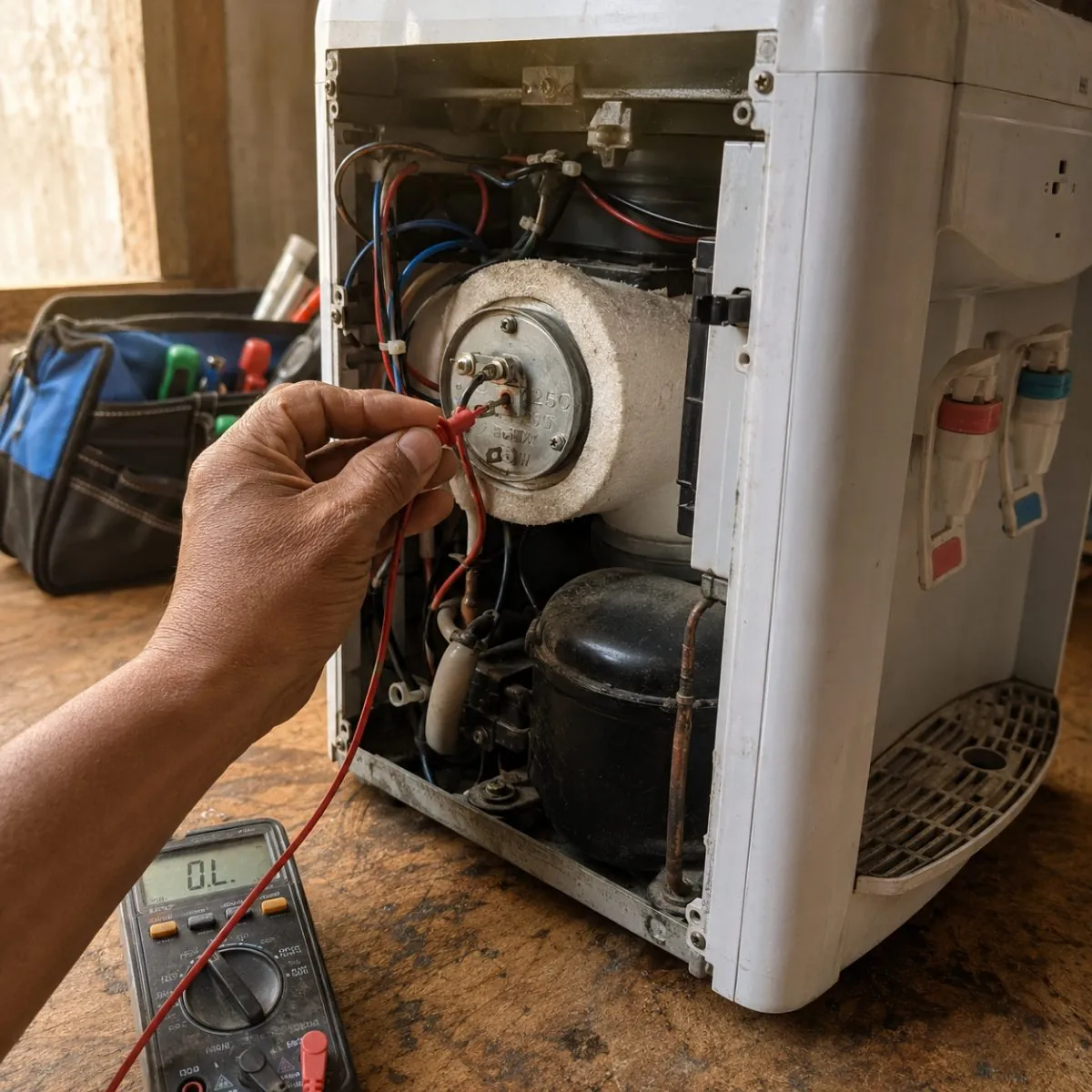 Pengecekan kompresor dispenser dengan multimeter