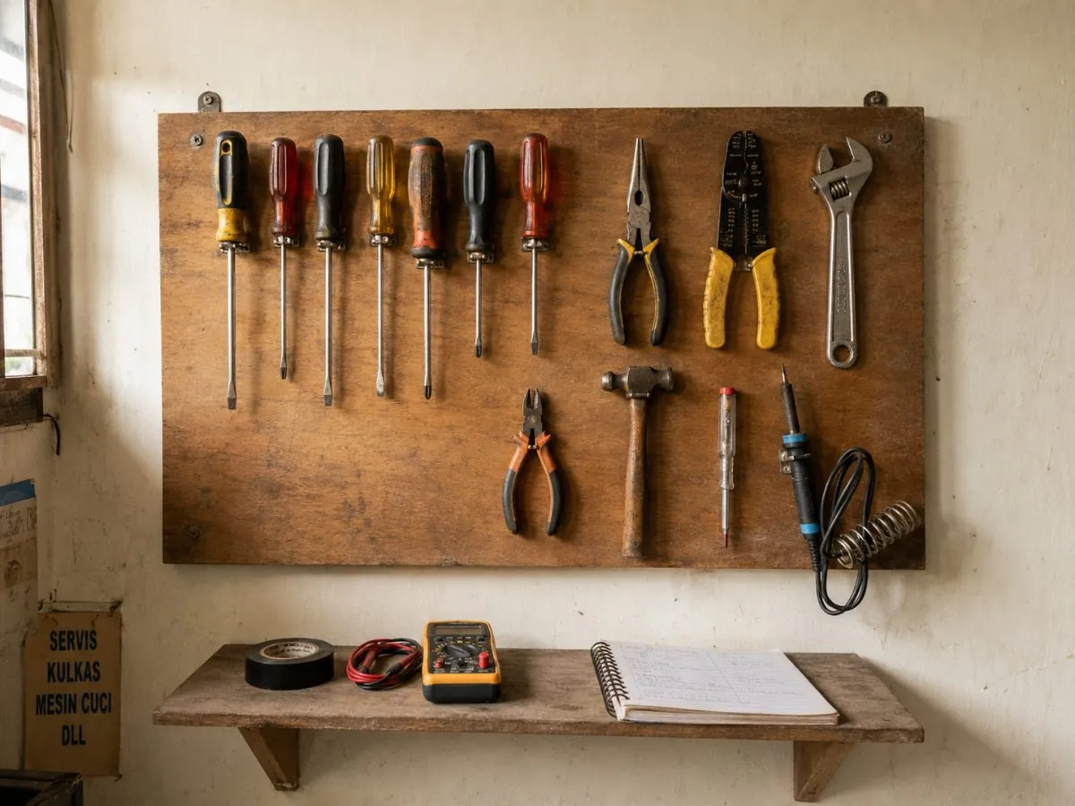 Pegboard alat kerja: obeng, tang, kunci pas, solder