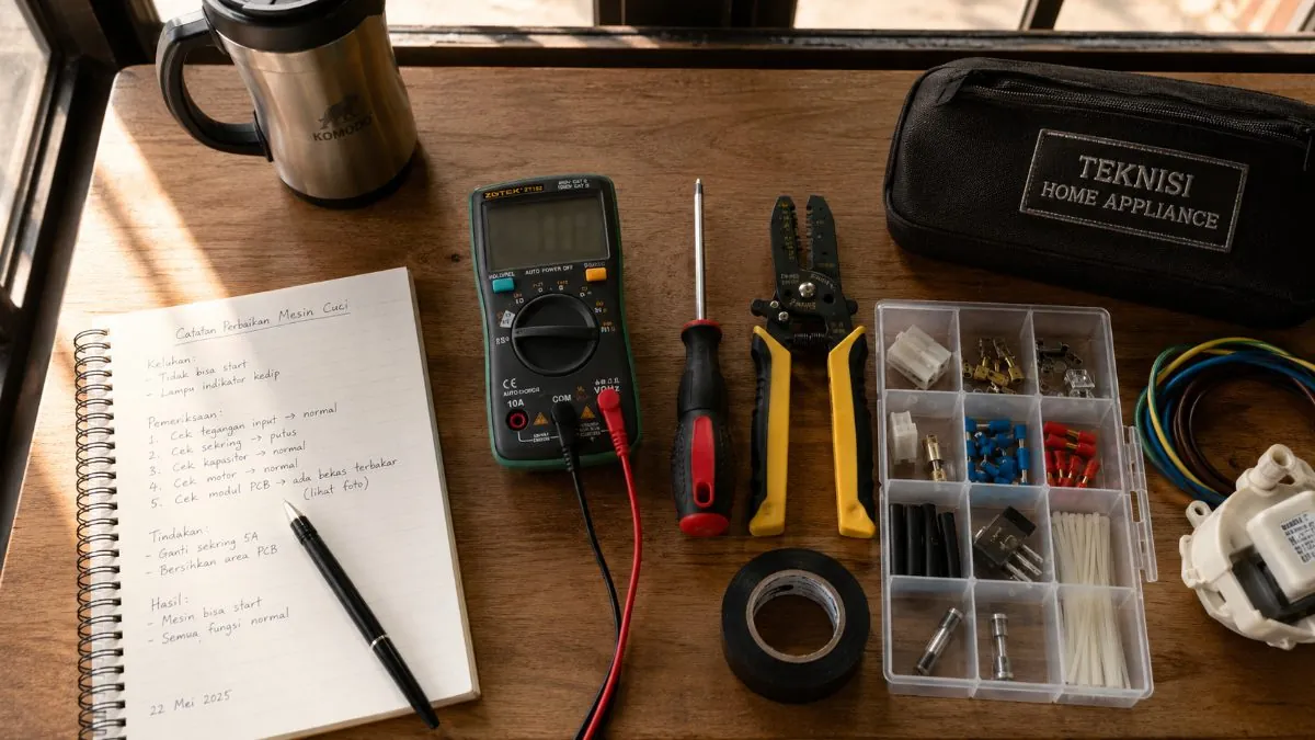 Meja kerja teknisi: multimeter, obeng, sparepart, catatan perbaikan mesin cuci